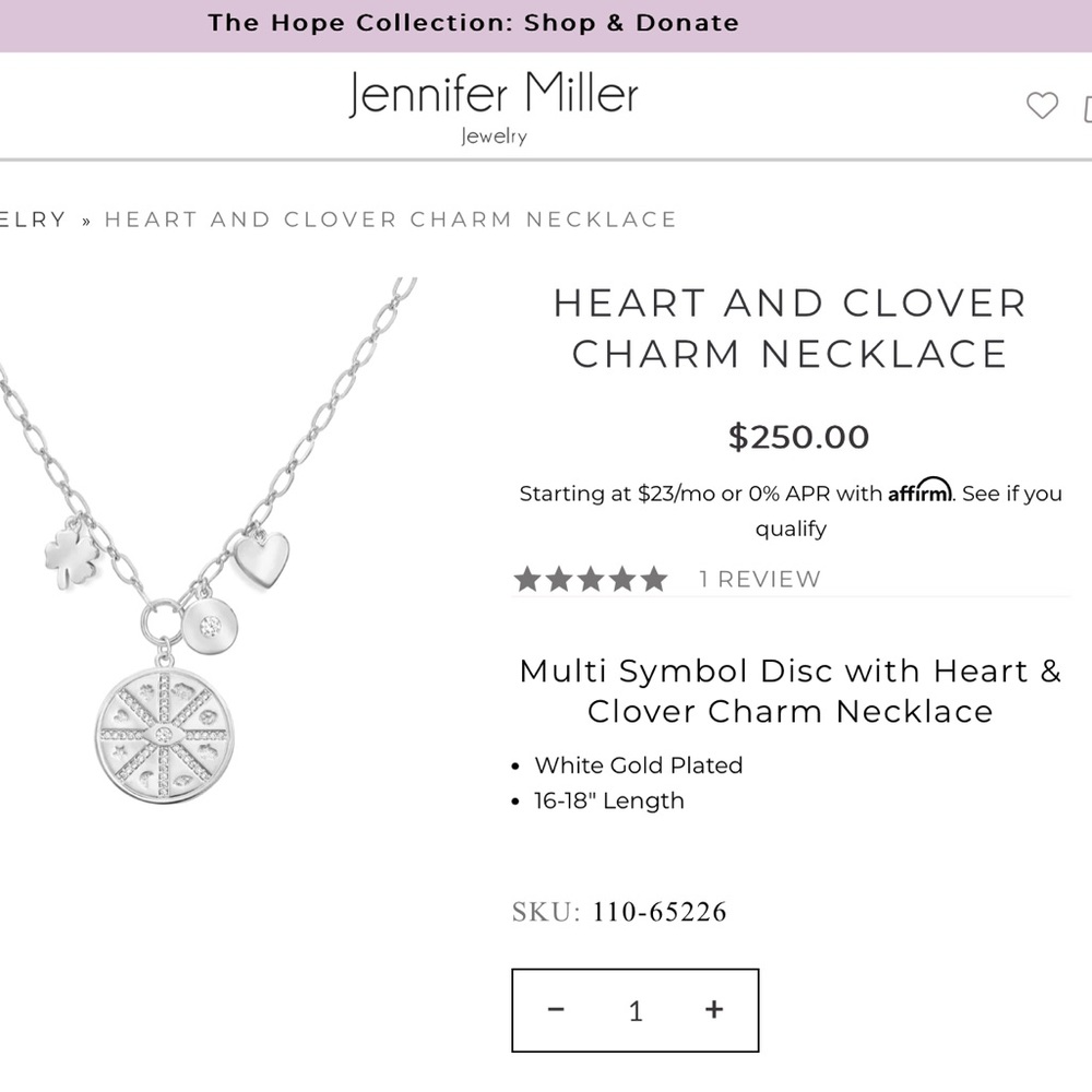 Jennifer Miller Heart and Clover Charm Necklace, Silver. Never worn before